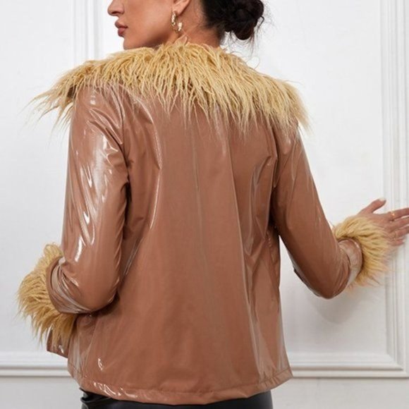 Callie Mongolian: Shiny Nude Vegan Patent Leather Faux Fur Collar Blazer - Picture 6 of 16